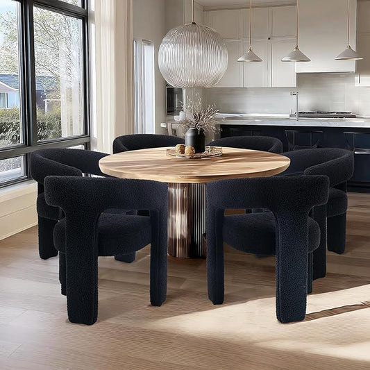 Black Sherpa Dining Chairs Set of 6, Modern Barrel Dining Room Chairs Upholstered Faux Fur Accent Chair with Arms and Round Back for Living Room Kitchen Armchair No Assembly Needed