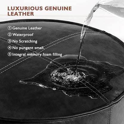 Round Leather Ottoman,Handmade Stuffed Ottoman,Genuine Leather Pouf, Foot Rest Pouf,Comfortable Soft Seating for Living Room & Bedroom (Black, Round)