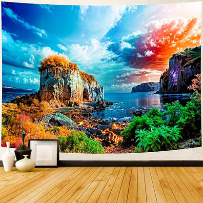 Delur Coastal Ocean Beach Tapestry Tropical Forest Tree Sunrise Sea Landscape Tapestry Wall Hanging Wave Sunset Nature Colorful Spiritual Headboard for Bedroom Living Room Home Decor (59.1" x 78.7")