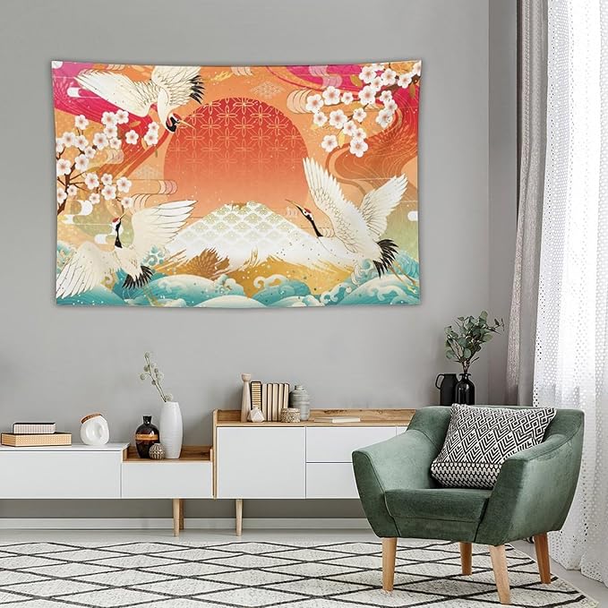 HZOHNAGO Japanese Tapestry Cherry Blossom Crane Sea Wave Fuji Mountain Red Sun Pattern Printed Wall Tapestry Painting Wall Hanging for Bedroom Living Room Dorm 90" W x 60" H