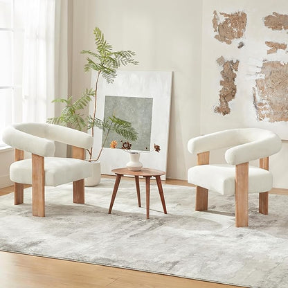 VKNOW Accent Chair Living Room Chair, Modern Upholstered Armchair with Solid Wood Legs, Comfy Barrel Arm Chairs for Living Room Bedroom, Cream