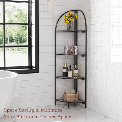 Crofy Foldable 4 Tier Corner Shelf, Metal Corner Plant Stand with Black Frame and Transparent Shelves, Corner Display Rack Multipurpose Shelving Unit for Living Room, Bedroom, Bathroom