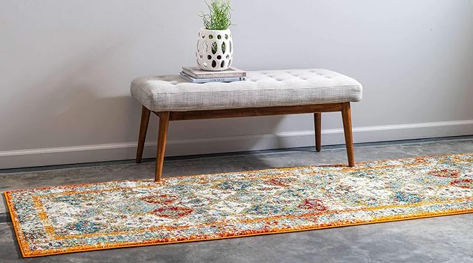Unique Loom Rosso Collection Vintage, Traditional, Bohemian, Geometric, Distressed, Southwestern Area Rug (2' 7 x 10' 0 Runner, Beige/Orange)
