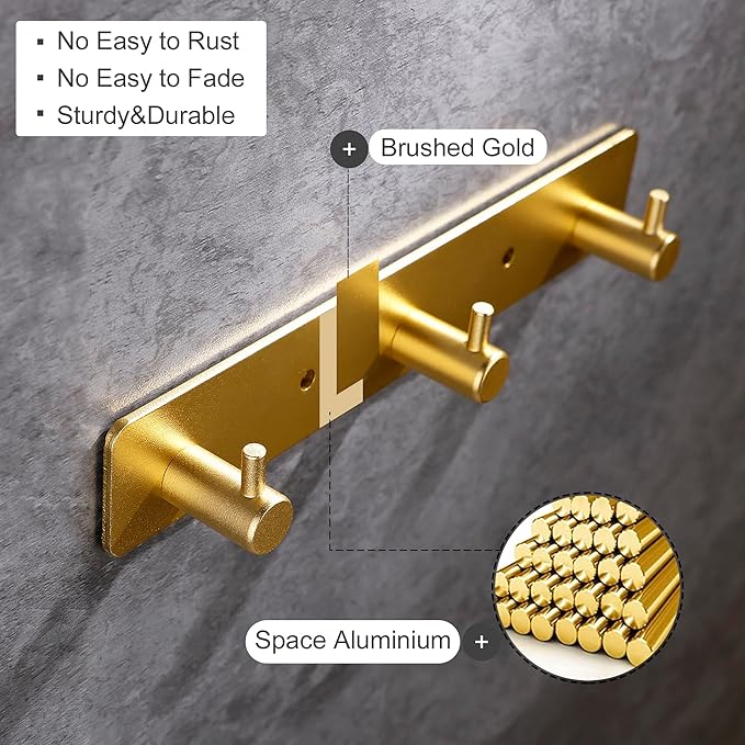 3 Gold Wall Hooks, Brushed Gold Bathroom Hook Rail, Self Adhesive Key Hook Rack Hanger Towel Robe Stick Hooks for Toilet Entryway Hallway Kitchen Wall Mounted