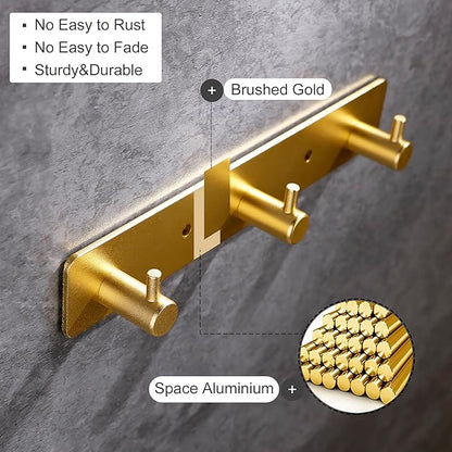 3 Gold Wall Hooks, Brushed Gold Bathroom Hook Rail, Self Adhesive Key Hook Rack Hanger Towel Robe Stick Hooks for Toilet Entryway Hallway Kitchen Wall Mounted