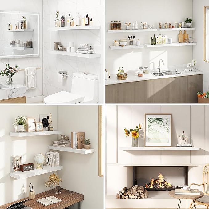 55 Inches Floating Shelves for Wall, 9.3" Deep Long Floating Shelves Set of 1, Large Display & Storage Shelf, Wall Shelf for Bathroom Bedroom Living Room Kitchen Office, White