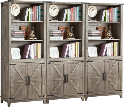 5 Tier Bookshelf 70in Tall Bookcase with Barn Doors and Storage Cabinet, Grey Farmhouse Book Shelf with Adjustable Shelves, Wood Freestanding Display Bookshelves for Bedroom, Kitchen (3PCS)