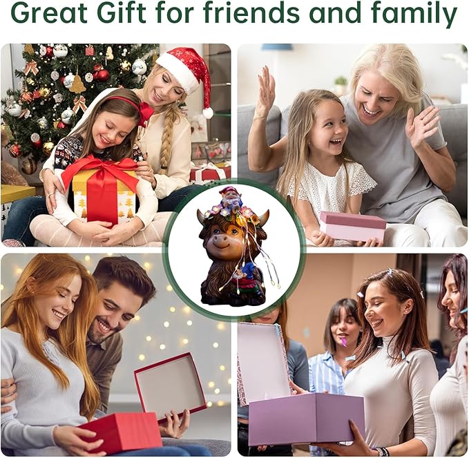 Solar Highland Cow Outdoor Statues for Garden: Outside Decor with Funny Gnomes Clearance for Yard Art Lawn Ornaments Porch Patio Balcony Home House - Birthday Gifts for Grandma Mom Women(Cow Gnome)