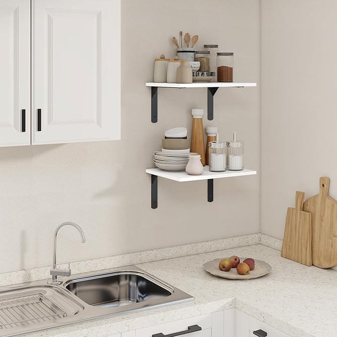 16" W x 12" D White Floating Shelves for Wall, 12 Inch Deep Floating Shelf with Visible Bracket, Rustic Wood Bookshelf Wall Mounted, Deep Bathroom Shelves for Storage, Set of 2