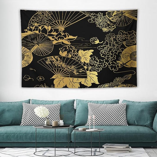 HZOHNAGO Japanese Tapestry Gold Flowers Umbrella Fan Pattern Printed Wall Tapestry Painting Wall Hanging for Bedroom Living Room Dorm 60" W x 40" H