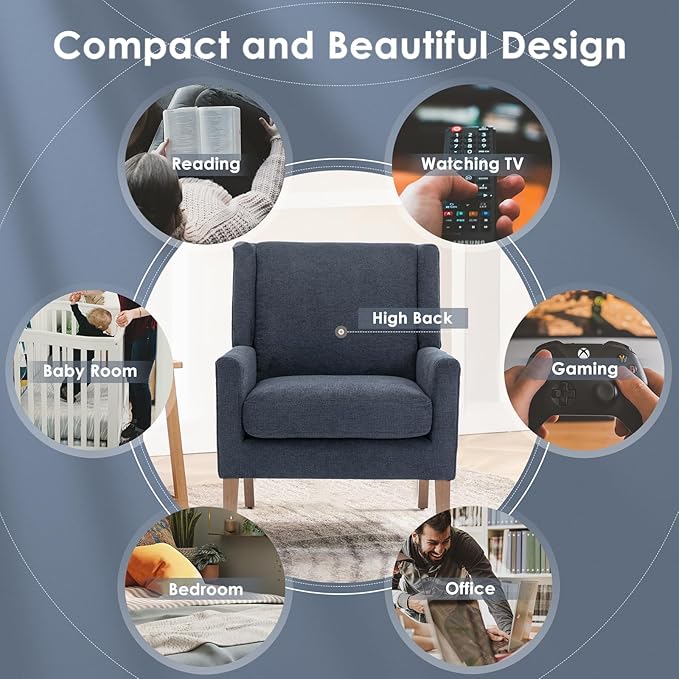 COLAMY Modern Wingback Living Room Chair Set of 2, Upholstered Fabric Accent Armchair, Single Sofa Chair with Lounge Seat and Wood Legs for Bedroom/Office/Reading Spaces, Blue