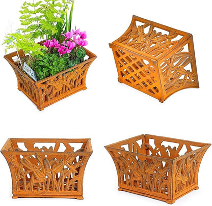 Sungmor Heavy Duty Cast Iron Planter Basket w/Non-Woven Growing Bag, Unique Shape & Beautiful Pattern Design, Hollow Orchid Flower Pot Garden Tools Holder, Full Rusted French Country Decor Container