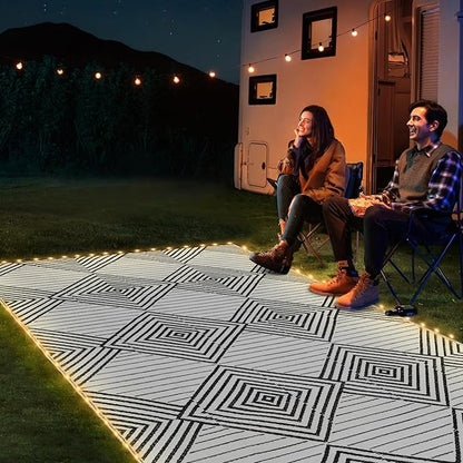 8x10ft Waterproof Outdoor Rug with LED Lights, Foldable Reversible Plastic Straw Mat for Patio RV Camping Picnic Balcony Beach Deck Indoor Outdoor Carpet, Black&White