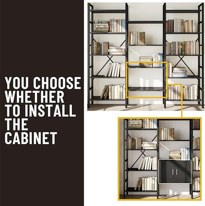 70 x70 Triple 5 Tier Book Shelf, Industrial Large Bookcase with Storage Cabinet, Tall Bookshelf with 14 Open Display Shelves Metal Frame Furniture for Living Room Bedroom Home Office Black