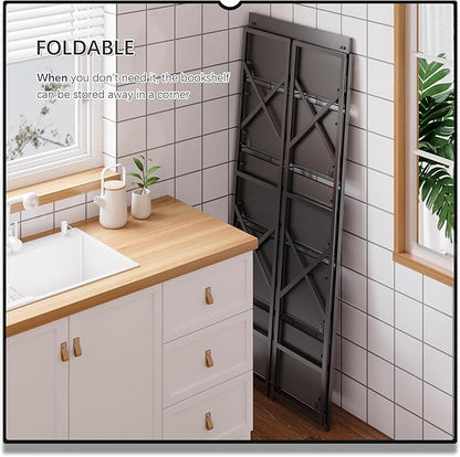 4NM 5 Tiers No Assembly Book Shelves, 51.2" H Folding Bookshelf Bookcase Open Industrial Foldable Shelves for Bedroom, Living Room, Home Office - All Black