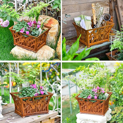 Sungmor Heavy Duty Cast Iron Planter Basket w/Non-Woven Growing Bag, Unique Shape & Beautiful Pattern Design, Hollow Orchid Flower Pot Garden Tools Holder, Full Rusted French Country Decor Container