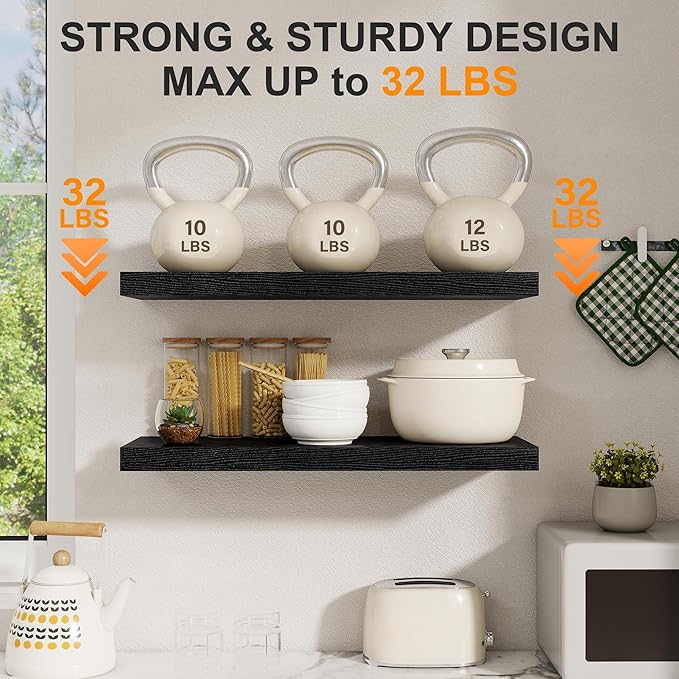 Black Floating Shelves for Wall, 27.5 Inch Bathroom Shelves Set of 2, Rustic Wood Wall Shelf with Invisible Brackets for Books|Storage|Decor, 8 Inch Deep Floating Shelf for Bedroom|Kitchen