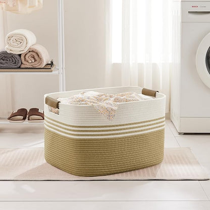 86L Extra Large Laundry Basket with Leather Handles for Living Room Storage, Woven Rope Baskets for Blanket, Kids Toy, Gifts, Wicker Hamper for Bedroom Dirty Clothes, 24"x16"x14" Khaki