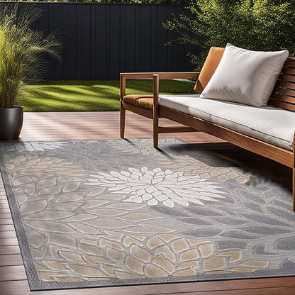 Beverly Rug Outdoor Rug 9x12 Large Modern Floral Tropical Area Rugs for Indoor and Outdoor Patio Easy to Clean Non Shedding Living Room Porch Garden Washable Outside Carpet (9 x 12 Gray)