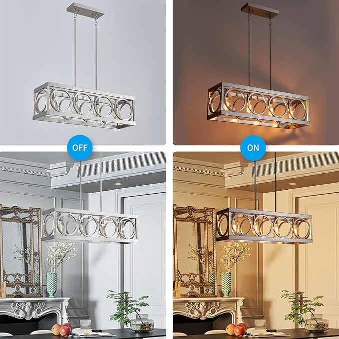 XINGQI Linear Chandelier Brushed Nickel Kitchen Island Light Fixtures 31.5" Rectangle Dining Room Chandeliers, Farmhouse Hanging Large 4-Light Rustic Metal Living Room Office Pendant Lighting