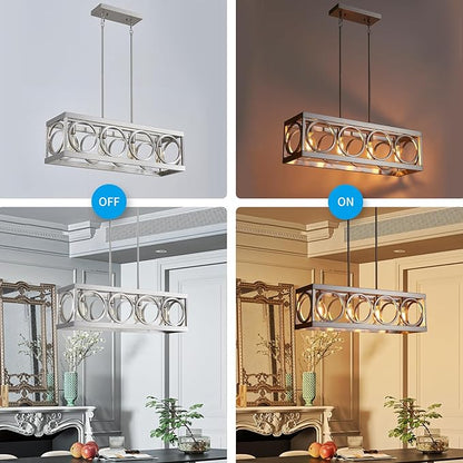 XINGQI Linear Chandelier Brushed Nickel Kitchen Island Light Fixtures 31.5" Rectangle Dining Room Chandeliers, Farmhouse Hanging Large 4-Light Rustic Metal Living Room Office Pendant Lighting