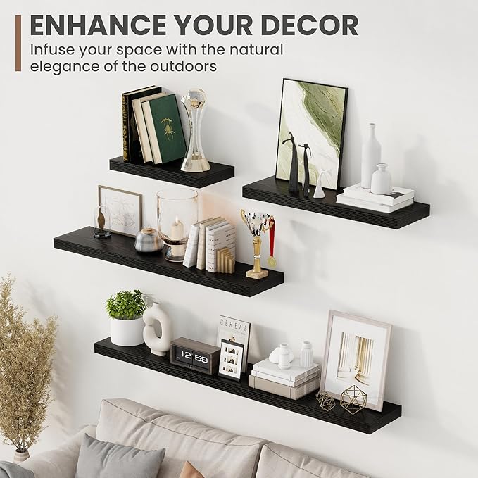 16 Inch Floating Shelves, 8 Inch Deep Floating Shelves for Wall, Hanging Shelf with Invisible Brackets, Deep Shelves for Bathroom, Bedroom, Living Room, Black, Set of 2