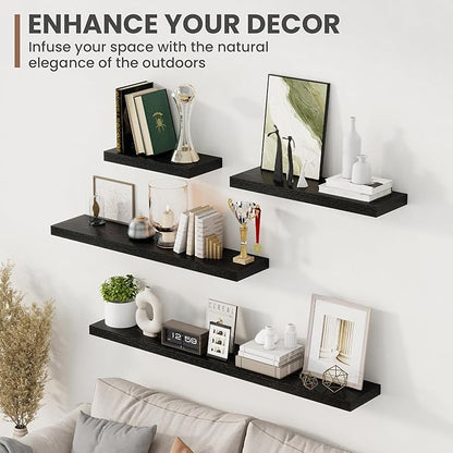 16 Inch Floating Shelves, 8 Inch Deep Floating Shelves for Wall, Hanging Shelf with Invisible Brackets, Deep Shelves for Bathroom, Bedroom, Living Room, Black, Set of 2