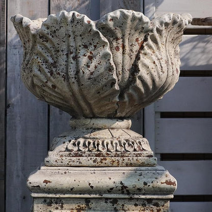 Vintage Garden Urn Planter with Pedestal, Cement and Fiber, Maked Antique, Decorative Leaf Pattern, 14.2x11.8 Inch Pot with 19.3 Inch Stand, Wrap Foam Safely Delivered from Local Warehouse (Antique)
