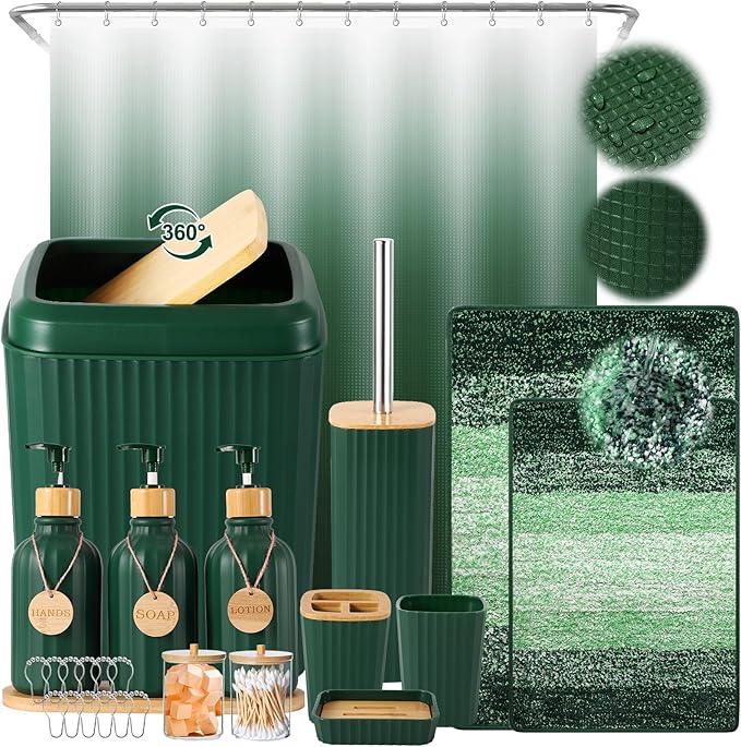 32PCS Dark Green Bathroom Accessories Set with Shower Curtain,Rugs,Trash Can,3PCS Lotion Soap Dispenser, Toothbrush Holder, Soap Dish,Tumbler Cup,6PCS Wood Tags Bath Accessories with Tray for Bathroom
