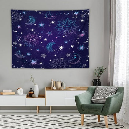 HZOHNAGO Boho Sun Moon Tapestry Purple Blue Sun Stars Galaxy Pattern Printed Wall Tapestry Wall Hanging for Bedroom Living Room Dorm 80" W x 60" H