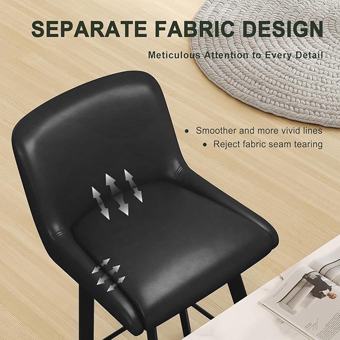 Swivel Bar Stools, 26''H Upholstered Barstools with Backs, Modern Counter Height Bar Stool Chairs for Kitchen Island, Metal Legs (Black- Faux Leather, Set of 2-26" H)