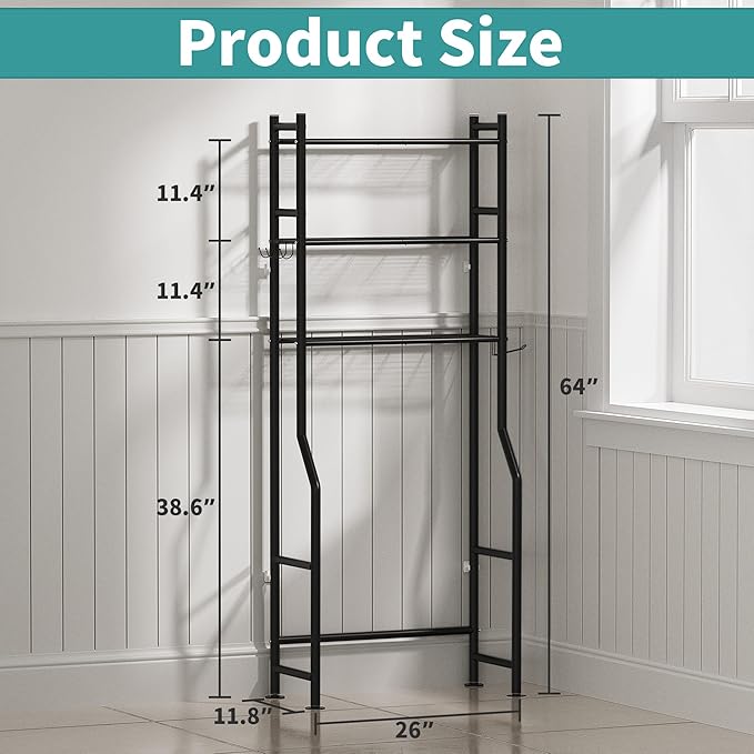 3-Tier Over The Toilet Storage with Paper Holder, Metal Bathroom Organizers and Storage for Small Space, Freestanding Bathroom Shelves with 4 Hooks, Above The Toilet Storage Shelf, Black