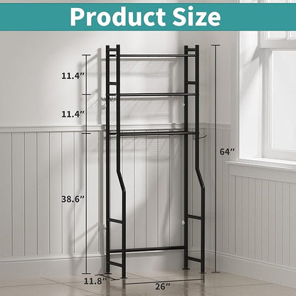3-Tier Over The Toilet Storage with Paper Holder, Metal Bathroom Organizers and Storage for Small Space, Freestanding Bathroom Shelves with 4 Hooks, Above The Toilet Storage Shelf, Black