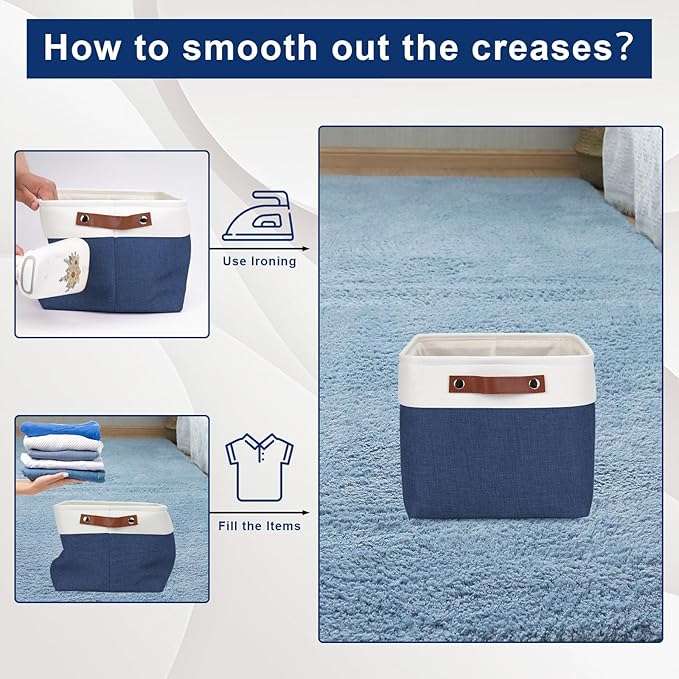 Storage Bins Large Fabric Storage Baskets for Shelves 3 Pack, Decorative Linen Closet Baskets with Handles for Organizing, Shelf, Clothes, Home, Office, 15x11x9.5Inches (NavyBlue&White)