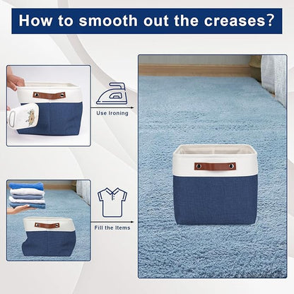 Storage Bins Large Fabric Storage Baskets for Shelves 3 Pack, Decorative Linen Closet Baskets with Handles for Organizing, Shelf, Clothes, Home, Office, 15x11x9.5Inches (NavyBlue&White)