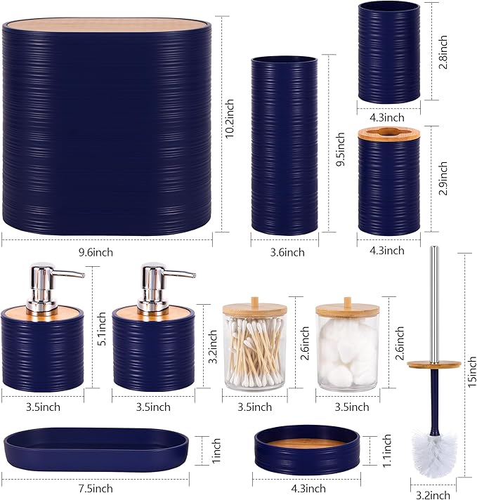 Bathroom Accessory Set,10 PCS Navy Blue Bathroom Set with Trash Can,Toothbrush Holder,Soap Dispenser,Toothbrush Cup,Vanity Tray,Soap Dish,Toilet Brush,Qtip Holders