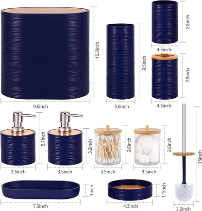 Bathroom Accessory Set,10 PCS Navy Blue Bathroom Set with Trash Can,Toothbrush Holder,Soap Dispenser,Toothbrush Cup,Vanity Tray,Soap Dish,Toilet Brush,Qtip Holders
