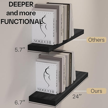 BGMG Wood Floating Shelves 24 inch, Wide Rustic Wooden Wall Shelves for Bathroom Living Room Bedroom Kitchen Farmhouse Set of 2-24x 6.7 x1.25 inch- Black