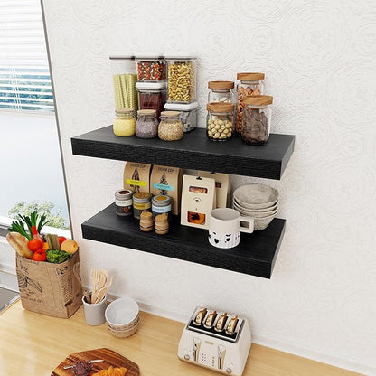 12 Inch Deep Black Floating Shelves, 24 x 12 Floating Shelf for Books, Rustic Wood Deep Wall Shelves for Home Storage & Display, 2" Thicked Shelves for Kitchen, Living Room, Bedroom, 1 Pack