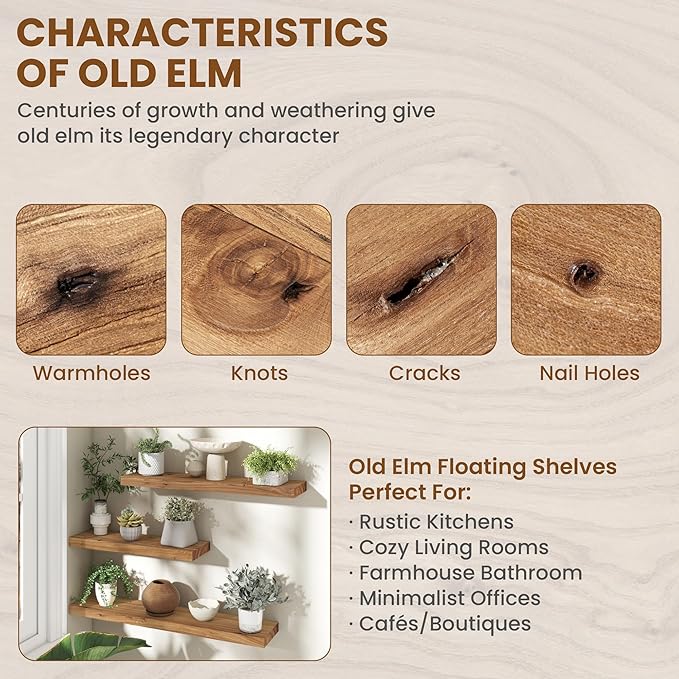 55" Floating Shelves for Wall, Rustic Elm Wood Floating Shelf for Home Decor, Wall-Mounted Display Shelves with Heavy-Duty Bracket, Long Floating Shelf for Bathroom, Kitchen, Natural Color