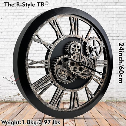 The B-Style Large 24 inch Moving Gear Wall Clock Oversized Vintage Farmhouse Wall Clocks for Living Room Decor Rustic Industrial Wood Clock (Black and Bronze)