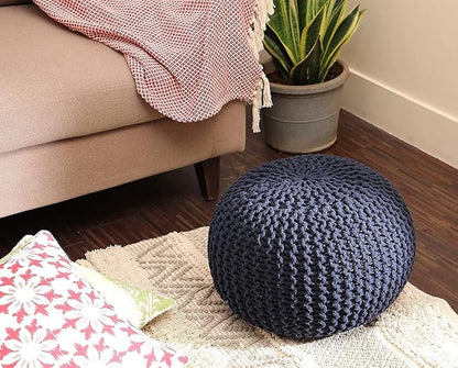 REDEARTH Round Pouf Foot Stool Bean Bag Ottoman - Cable Knitted Cord Boho Pouffe - Poof Accent Bean Bag - Handmade by Artisans for Living Room - Bedroom (19.5"x19.5"x14") - Navy Blue