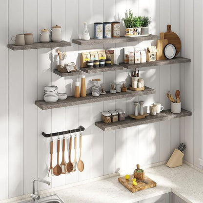 48 Inch Floating Shelves for Wall Set of 2, 8"D Wood Grain Bathroom Shelves with Invisible Brackets, Easy Install Engineered Wood Storage Shelves for Kitchen, Living Room, Bedroom, Grey Oak Finish