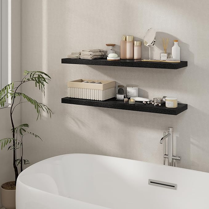 40 Inch Floating Shelves Set of 2, 8 Inch Deep Wall Shelf, Rustic Wood Storage Shelves for Bedroom, Kitchen, Bathroom, Wall-Mounted Shelf with Invisible Brackets for Books|Storage Black