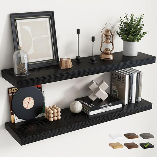 40 Inch Floating Shelves for Wall Set of 2, 8"D Wood Grain Bathroom Shelves with Invisible Brackets, Easy Install Engineered Wood Storage Shelves for Kitchen, Living Room, Bedroom, Black Finish