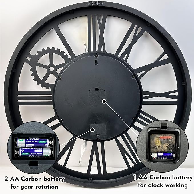 The B-Style Large Real Moving Gears Wall Clock 30 inch Rustic Retro Industrial Farmhouse Wood Clock Oversized Decorative Vintage Wall Clocks for Living Room (Cherry red and Bronze