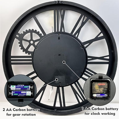 The B-Style Large Real Moving Gears Wall Clock 30 inch Rustic Retro Industrial Farmhouse Wood Clock Oversized Decorative Vintage Wall Clocks for Living Room (Cherry red and Bronze