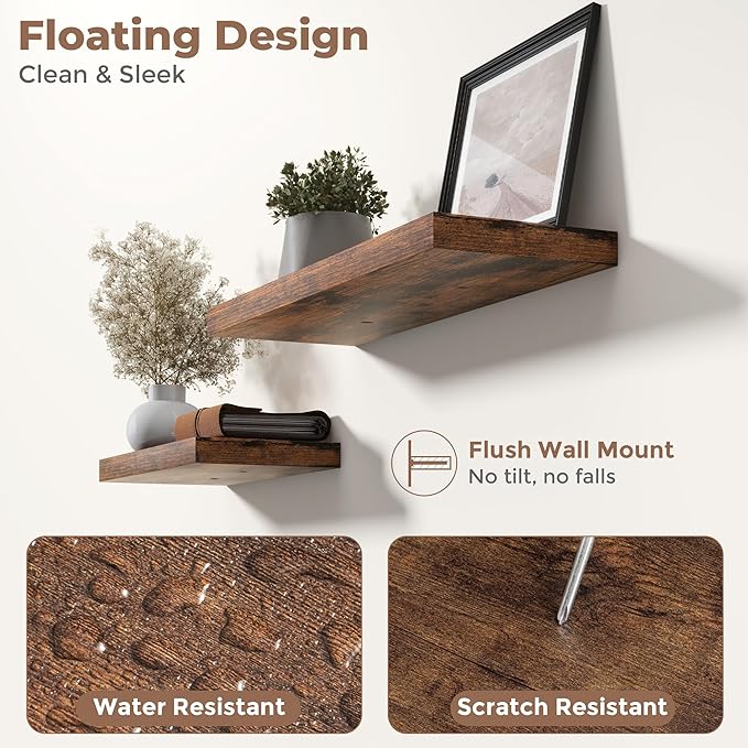 16 Inch Floating Shelves for Wall Set of 2, 8"D Wood Grain Bathroom Shelves with Invisible Brackets, Easy Install Engineered Wood Storage Shelves for Kitchen, Living Room, Bedroom, Rustic Brown Finish