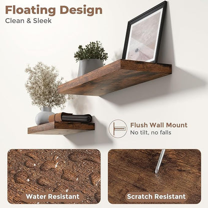 16 Inch Floating Shelves for Wall Set of 2, 8"D Wood Grain Bathroom Shelves with Invisible Brackets, Easy Install Engineered Wood Storage Shelves for Kitchen, Living Room, Bedroom, Rustic Brown Finish