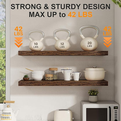 40 Inch Floating Shelves Set of 2, 8 Inch Deep Wall Shelf, Rustic Wood Storage Shelves for Bedroom, Kitchen, Bathroom, Wall-Mounted Shelf with Invisible Brackets for Books|Storage, Rustic Brown